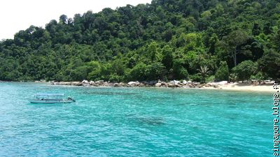 Mer turquoise, plage et jungle en arrière plan